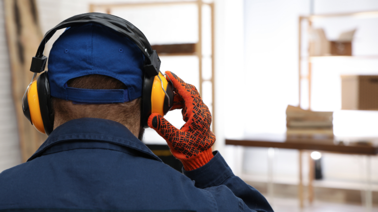 Noise in Workplace - Hearing Protection A man with large protective headphones and gloves on, in a work environment, avoiding workplace noise